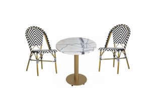 Yuvarlak Mermer Cafe Masa Takımı - Yuvarlak mermer görünümlü masa ve sandalyeler, kafe ve restoranlarda modern ve şık kullanım sağlar