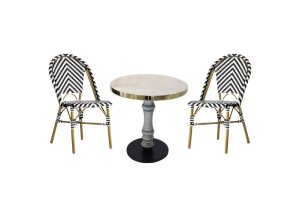 Yuvarlak Mermer Cafe Masa Takımı - Yuvarlak mermer görünümlü masa ve sandalyeler, kafe ve restoranlarda modern ve şık kullanım sağlar.