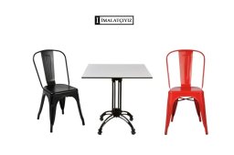 Kırmızı Tolix sandalye - Kırmızı Tolix sandalye ve compact masa; şık, dayanıklı ve az yer kaplayan tasarımıyla kafe, balkon ve ev kullanımına ideal bir set.