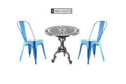 Mavi Tolix sandalye - Mavi Tolix sandalye ve döküm ayaklı masa; sağlam, şık ve modern tasarımıyla kafe, restoran ve ev kullanımına ideal bir set.